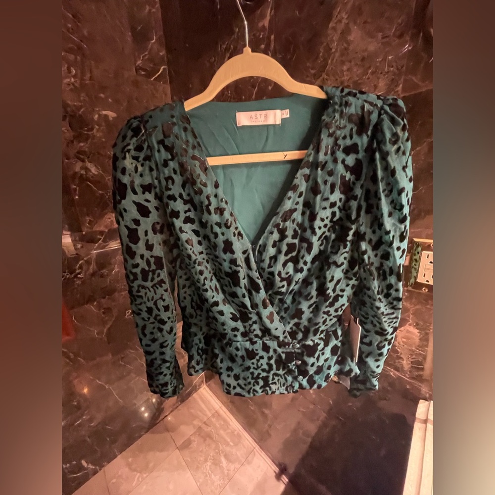 ASTR Cheetah Print Teal Black Velvet Blouse Size M